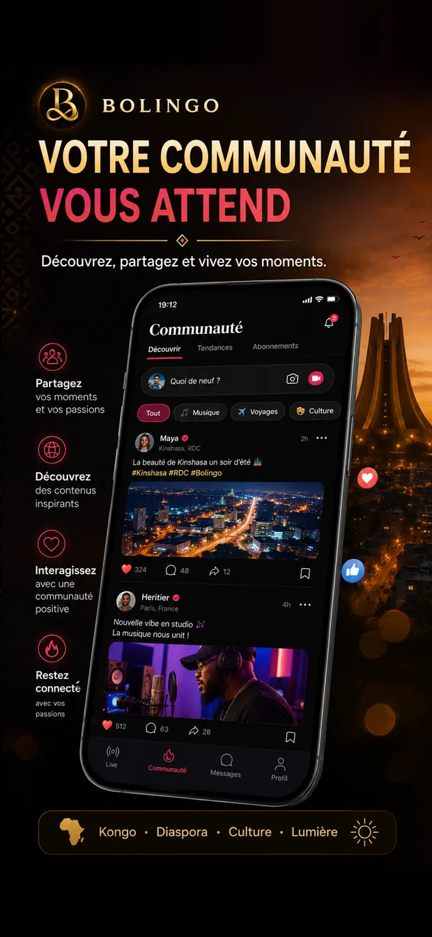 Écran Communauté de Bolingo : publications, photos et vidéos partagées par les membres.