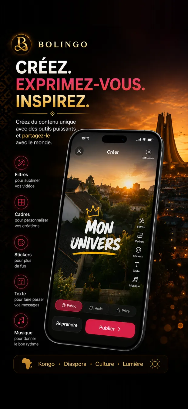 Écran Création de Bolingo : filtres, cadres, stickers, texte et musique pour vos vidéos.