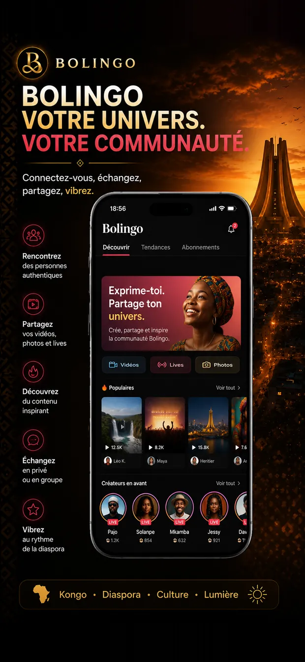 Écran Découvrir de Bolingo : fil de contenus populaires, vidéos, lives et photos de la communauté.