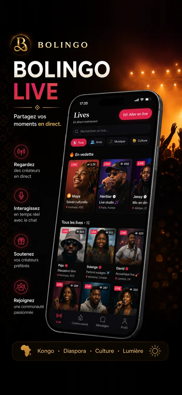 Écran Live de Bolingo : créateurs en direct, chat en temps réel et cadeaux virtuels.