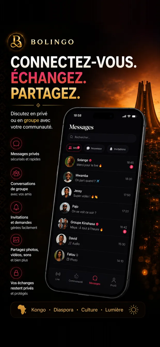 Écran Messages de Bolingo : conversations privées et de groupe, photos, vidéos et sons.