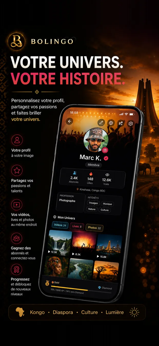 Écran Profil de Bolingo : Mon Univers, abonnés, vidéos, lives et photos réunis au même endroit.
